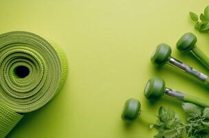 Bright green yoga mats and dumbbells for a vibrant home workout setup photo