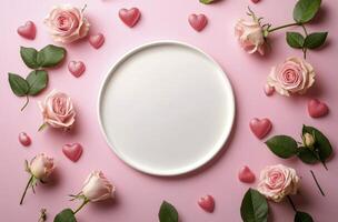 Cute white frame decorated with pink roses and hearts on a soft pink background photo
