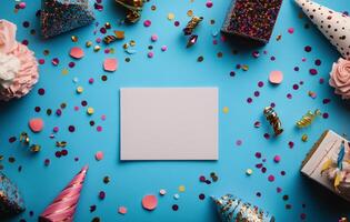 Colorful party decorations and supplies arranged on a blue background with a blank card photo