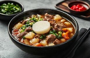 Hearty bowl of stew featuring tender meat and vegetables garnished with green onions photo