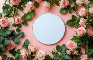 Elegant arrangement of pink roses surrounding a blank plate on a soft pink background photo