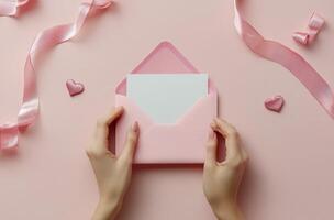 Delicate hands sealing a pink envelope with a letter on a pastel pink background photo