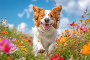 Happy dog joyfully leaps through a vibrant flower field under a bright blue sky photo