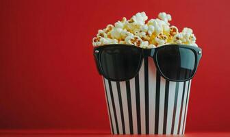 A vibrant bowl of popcorn wearing stylish sunglasses against a bold red backdrop photo