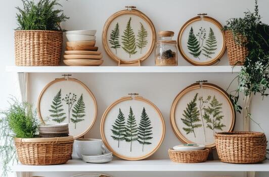 Decorative display of fern embroidery in rustic frames on a kitchen shelf with plants and dishes photo