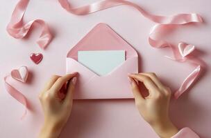 Delicate hands sealing a pink envelope with a letter on a pastel pink background photo
