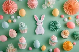 Festive Easter decorations featuring colorful eggs and a cheerful bunny on a pastel green background photo