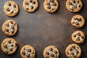 Freshly baked chocolate chip cookies arranged on a rustic baking surface for a cozy treat photo