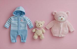 Sweet baby clothes and toys arranged on a soft pink background for a charming nursery display photo