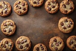 Freshly baked chocolate chip cookies arranged on a rustic baking surface for a cozy treat photo