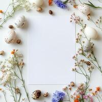 A spring-themed flat lay with assorted eggs and flowers surrounding a blank white sheet of paper photo