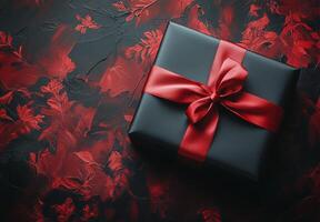 A beautifully wrapped black gift box with a red ribbon on a textured red and black background photo