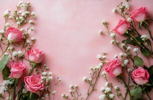 Beautiful arrangement of pink roses and white flowers on pastel background for a floral design photo