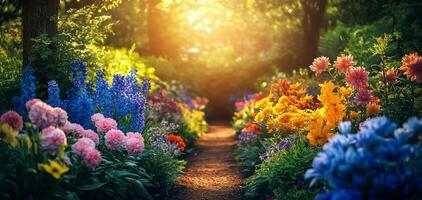 A vibrant flower path winding through a colorful garden during the golden hour of sunset photo
