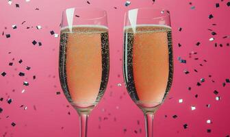 Celebratory sparkling drinks in elegant flutes on a pink backdrop with confetti scattered around photo