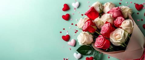 Beautiful bouquet of pink and white roses surrounded by heart-shaped confetti on a teal background photo
