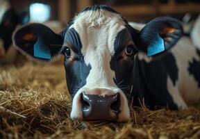 Calf resting comfortably in a straw-filled barn during the afternoon in rural countryside photo