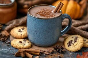 Cozy autumn treats with hot cocoa and freshly baked cookies surrounded by seasonal decor photo