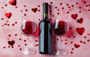 Romantic wine setup with two glasses and heart confetti on a pink background for special occasions photo