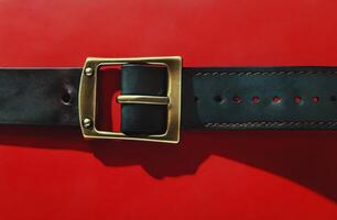 A close-up of a black leather belt with a brass buckle against a smooth red background photo