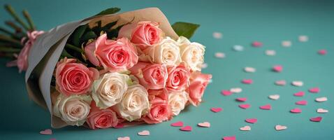 Beautiful bouquet of pink and white roses surrounded by heart-shaped confetti on a teal background photo