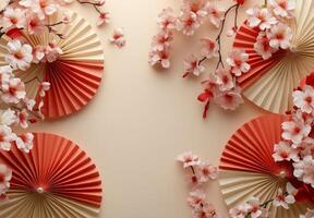 Elegant display of cherry blossoms and paper fans on a light background for spring decor photo