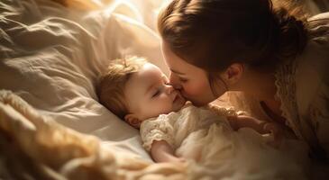 A mother gently kisses her baby while relaxing in a softly lit bedroom at night photo