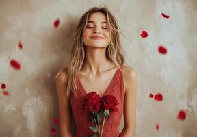 A joyful woman celebrates with red roses and falling petals in a warm, softly lit setting photo