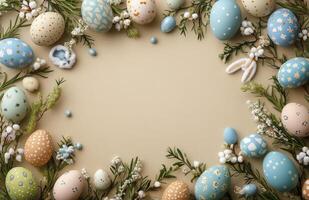 A charming arrangement of colorful Easter eggs and a bunny on a light background photo