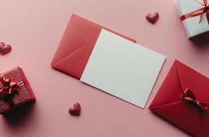 Red envelope and blank card on pink background for love letter or special occasion photo