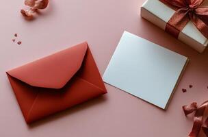Red envelope and blank card on pink background for love letter or special occasion photo
