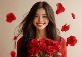 Woman smiling joyfully while holding a bouquet of red roses with rose petals falling around her photo