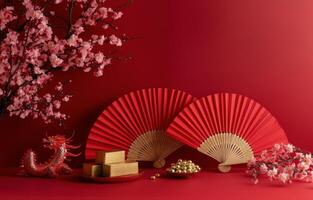 Decorative Chinese New Year celebration display with red fans, gold ingots, and cherry blossoms photo