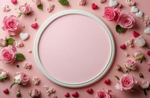 Romantic pink background with roses, hearts, and a circular frame for special occasions photo