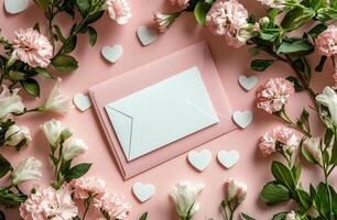 A beautiful arrangement of pink flowers and hearts surrounding a pink envelope on a soft background photo