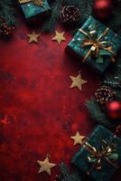 Festive holiday gifts arranged on a vibrant red background with decorative elements and greenery photo