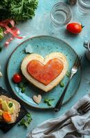 Delicious heart-shaped cake surrounded by roses on a blue plate during a romantic celebration photo