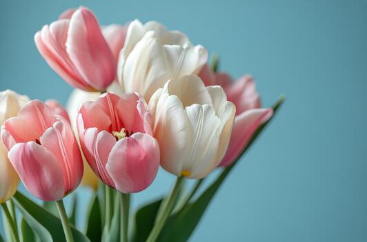 delicado rosado y blanco tulipanes arreglado esmeradamente en contra un suave azul antecedentes en primavera foto