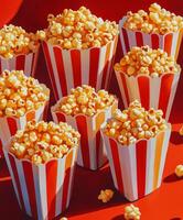 Delicious freshly popped popcorn in a striped container against a vibrant red background photo