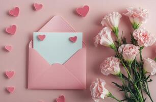 A pink envelope with hearts and flowers arranged beautifully for a romantic celebration photo