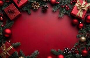 Festive Christmas decorations with ornaments and gifts arranged on a red background photo