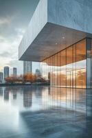 Modern luxury villa at sunset with open terrace and panoramic city views photo