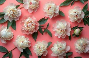 Three white peonies arranged on a soft pink background in bright natural light photo