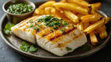 Grilled fish fillet served with crispy fries and fresh green sauce on a dark plate photo