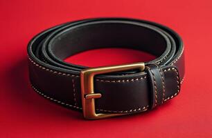 A close-up of a black leather belt with a brass buckle against a smooth red background photo