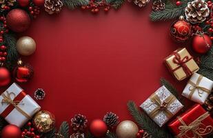 Festive Christmas decorations with ornaments and gifts arranged on a red background photo