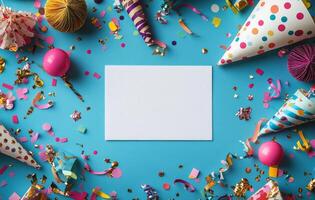 Festive celebration setup with colorful party hats and confetti on a bright blue background photo