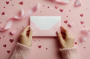 Hands holding a pink envelope on a pink surface decorated with hearts and ribbons photo