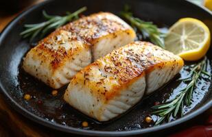 Perfectly seared fish fillets garnished with herbs and lemon on a black plate photo