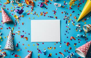 Festive celebration setup with colorful party hats and confetti on a bright blue background photo